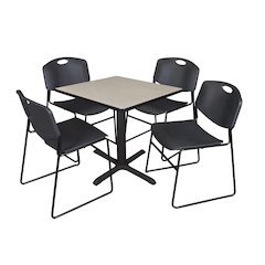 Small 30 in. Square X-Base Breakroom Table- Maple & 4 Zeng Stack Chairs- Black
