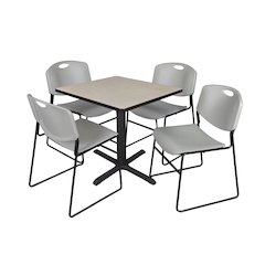 Small 30 in. Square X-Base Breakroom Table- Maple & 4 Zeng Stack Chairs- Grey