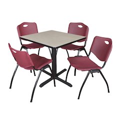 Small 30 in. Square X-Base Breakroom Table- Maple & 4 M Stack Chairs- Burgundy