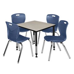 30 Square Adjustable Classroom Table- Maple & 4 Andy 18 Stack Chairs- Blue