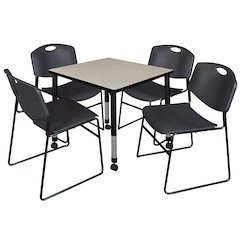 30 Square Mobile Adjustable Classroom Table- Maple & 4 Zeng Stack Chairs- Black