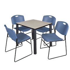 30 in Square Breakroom Table- Maple Top, Black Legs, 4 Zeng Stack Chairs- Blue