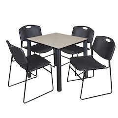 30 in Square Breakroom Table- Maple Top, Black Legs, 4 Zeng Stack Chairs- Black