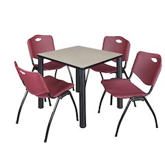 30 in Square Breakroom Table- Maple Top, Black Legs, 4 M Stack Chairs- Burgundy