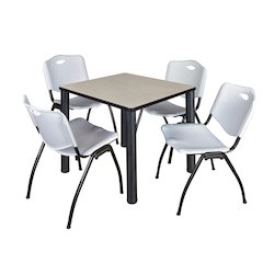 30 in Square Breakroom Table- Maple Top, Black Legs, 4 M Stack Chairs- Grey