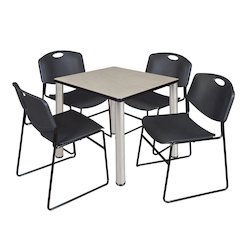 30 in Square Breakroom Table- Maple Top, Chrome Legs, 4 Zeng Stack Chairs- Black