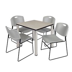 30 in Square Breakroom Table- Maple Top, Chrome Legs, 4 Zeng Stack Chairs- Grey