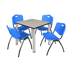 30 in Square Breakroom Table- Maple Top, Chrome Legs, 4 M Stack Chairs- Blue