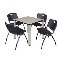 30 in Square Breakroom Table- Maple Top, Chrome Legs, 4 M Stack Chairs- Black