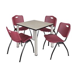30 in Square Breakroom Table- Maple Top, Chrome Legs, 4 M Stack Chairs- Burgundy