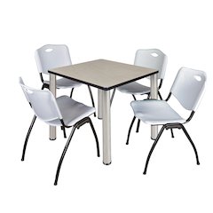 30 in Square Breakroom Table- Maple Top, Chrome Legs, 4 M Stack Chairs- Grey