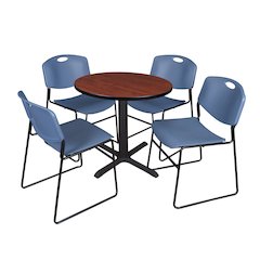 Small 30 in. Round X-Base Breakroom Table- Cherry & 4 Zeng Stack Chairs- Blue