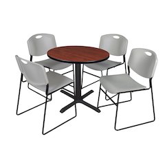 Small 30 in. Round X-Base Breakroom Table- Cherry & 4 Zeng Stack Chairs- Grey