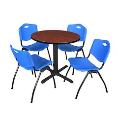 Small 30 in. Round X-Base Breakroom Table- Cherry & 4 M Stack Chairs- Blue