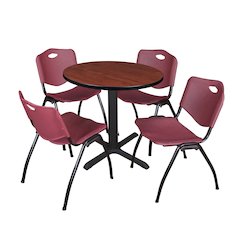 Small 30 in. Round X-Base Breakroom Table- Cherry & 4 M Stack Chairs- Burgundy