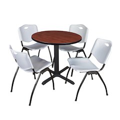 Small 30 in. Round X-Base Breakroom Table- Cherry & 4 M Stack Chairs- Grey