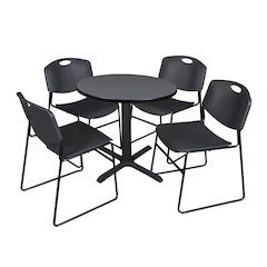 Small 30 in. Round X-Base Breakroom Table- Grey & 4 Zeng Stack Chairs- Black