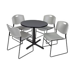 Small 30 in. Round X-Base Breakroom Table- Grey & 4 Zeng Stack Chairs- Grey