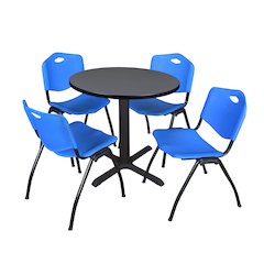 Small 30 in. Round X-Base Breakroom Table- Grey & 4 M Stack Chairs- Blue