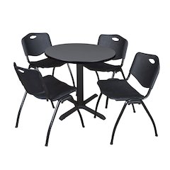 Small 30 in. Round X-Base Breakroom Table- Grey & 4 M Stack Chairs- Black