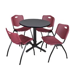 Small 30 in. Round X-Base Breakroom Table- Grey & 4 M Stack Chairs- Burgundy