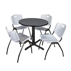 Small 30 in. Round X-Base Breakroom Table- Grey & 4 M Stack Chairs- Grey