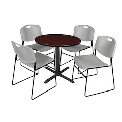 Small 30 in. Round X-Base Breakroom Table- Mahogany & 4 Zeng Stack Chairs- Grey