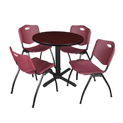 Small 30 in. Round X-Base Breakroom Table- Mahogany & 4 M Stack Chairs- Burgundy