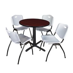 Small 30 in. Round X-Base Breakroom Table- Mahogany & 4 M Stack Chairs- Grey