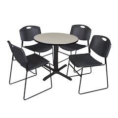 Small 30 in. Round X-Base Breakroom Table- Maple & 4 Zeng Stack Chairs- Black