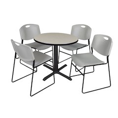 Small 30 in. Round X-Base Breakroom Table- Maple & 4 Zeng Stack Chairs- Grey