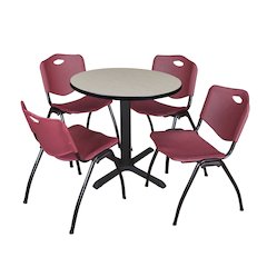 Small 30 in. Round X-Base Breakroom Table- Maple & 4 M Stack Chairs- Burgundy