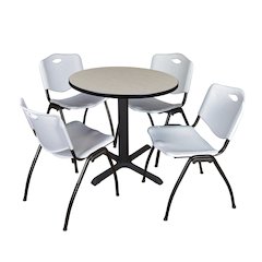 Small 30 in. Round X-Base Breakroom Table- Maple & 4 M Stack Chairs- Grey
