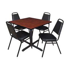36 in. Square X-Base Breakroom Table- Cherry & 4 Restaurant Stack Chairs- Black