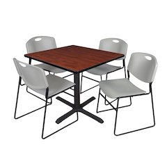36 in. Square X-Base Breakroom Table- Cherry & 4 Zeng Stack Chairs- Grey
