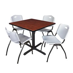 36 in. Square X-Base Breakroom Table- Cherry & 4 M Stack Chairs- Grey