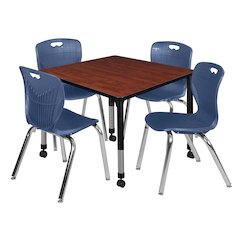 36 Square Mobile Classroom Table- Cherry & 4 Andy 18 Stack Chairs- Blue