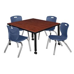 36 Square Mobile Classroom Table- Cherry & 4 Andy 12 Stack Chairs- Blue