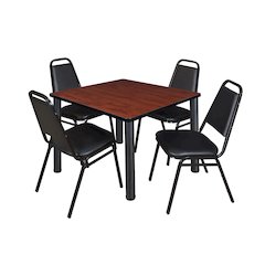 36 in Square Breakroom Table- Cherry Top, Black Legs, 4 Restaurant Stack Chairs