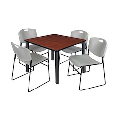 36 in Square Breakroom Table- Cherry Top, Black Legs, 4 Zeng Stack Chairs- Grey
