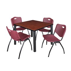 36 in Square Breakroom Table- Cherry Top, Black Legs, 4 M Stack Chairs- Burgundy