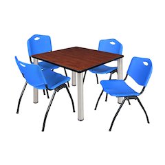 36 in Square Breakroom Table- Cherry Top, Chrome Legs, 4 M Stack Chairs- Blue