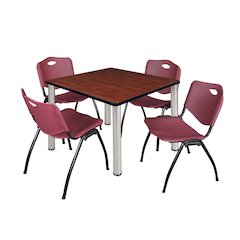 36 Square Breakroom Table- Cherry Top, Chrome Legs, 4 M Stack Chairs- Burgundy