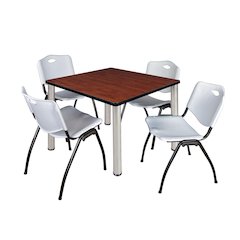 36 in Square Breakroom Table- Cherry Top, Chrome Legs, 4 M Stack Chairs- Grey