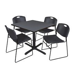 36 in. Square X-Base Breakroom Table- Grey & 4 Zeng Stack Chairs- Black