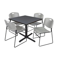 36 in. Square X-Base Breakroom Table- Grey & 4 Zeng Stack Chairs- Grey