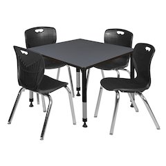 36 Square Adjustable Classroom Table- Grey & 4 Andy 18 Stack Chairs- Black