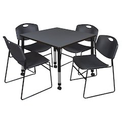 36 Square Mobile Adjustable Classroom Table- Grey & 4 Zeng Stack Chairs- Black