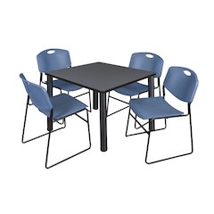 36 in Square Breakroom Table- Grey Top, Black Legs, 4 Zeng Stack Chairs- Blue