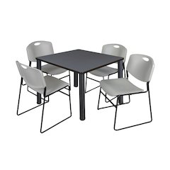 36 in Square Breakroom Table- Grey Top, Black Legs, 4 Zeng Stack Chairs- Grey
